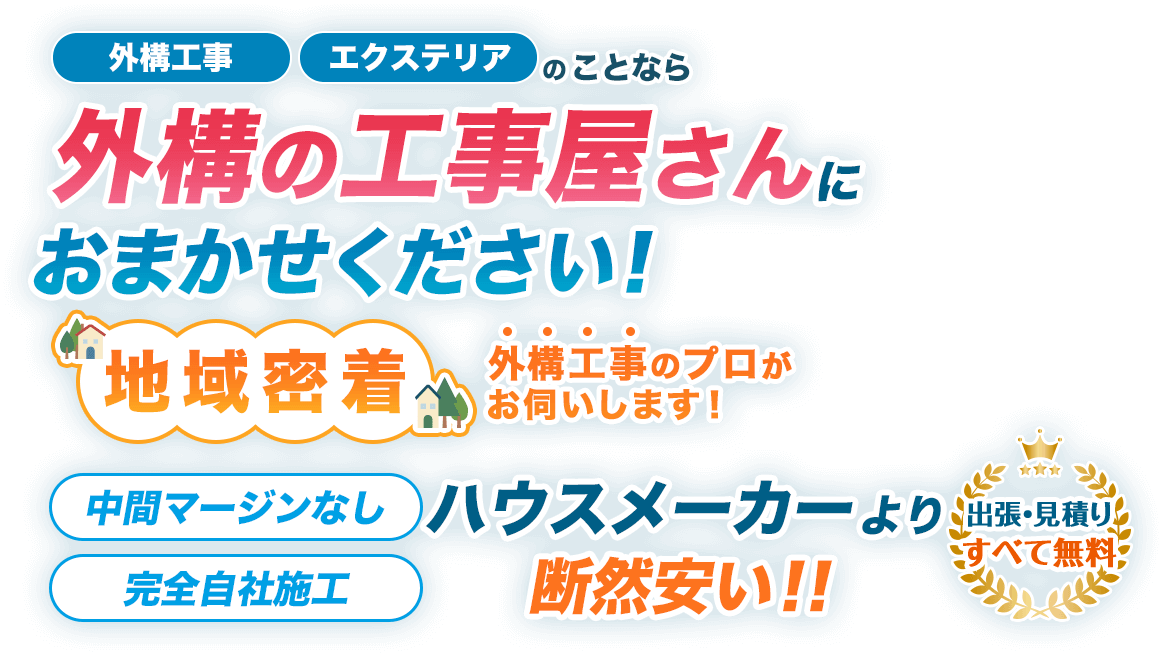 外溝工事エクステリアのことなら外溝の工事屋さんにおまかせください地域密着外構工事のプロがお伺いします!中間マージンなし完全自社施工ハウスメーカーより断然安い‼︎出張見積り全て無料